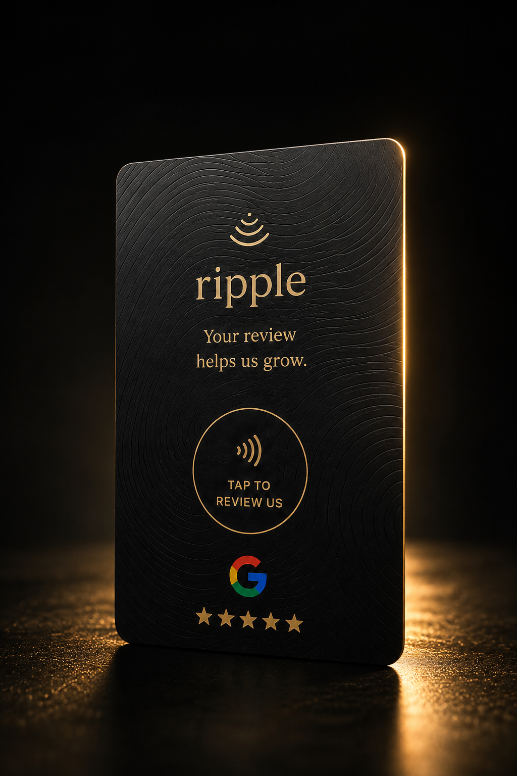 Ripple review card glowing with gold accents on dark surface
