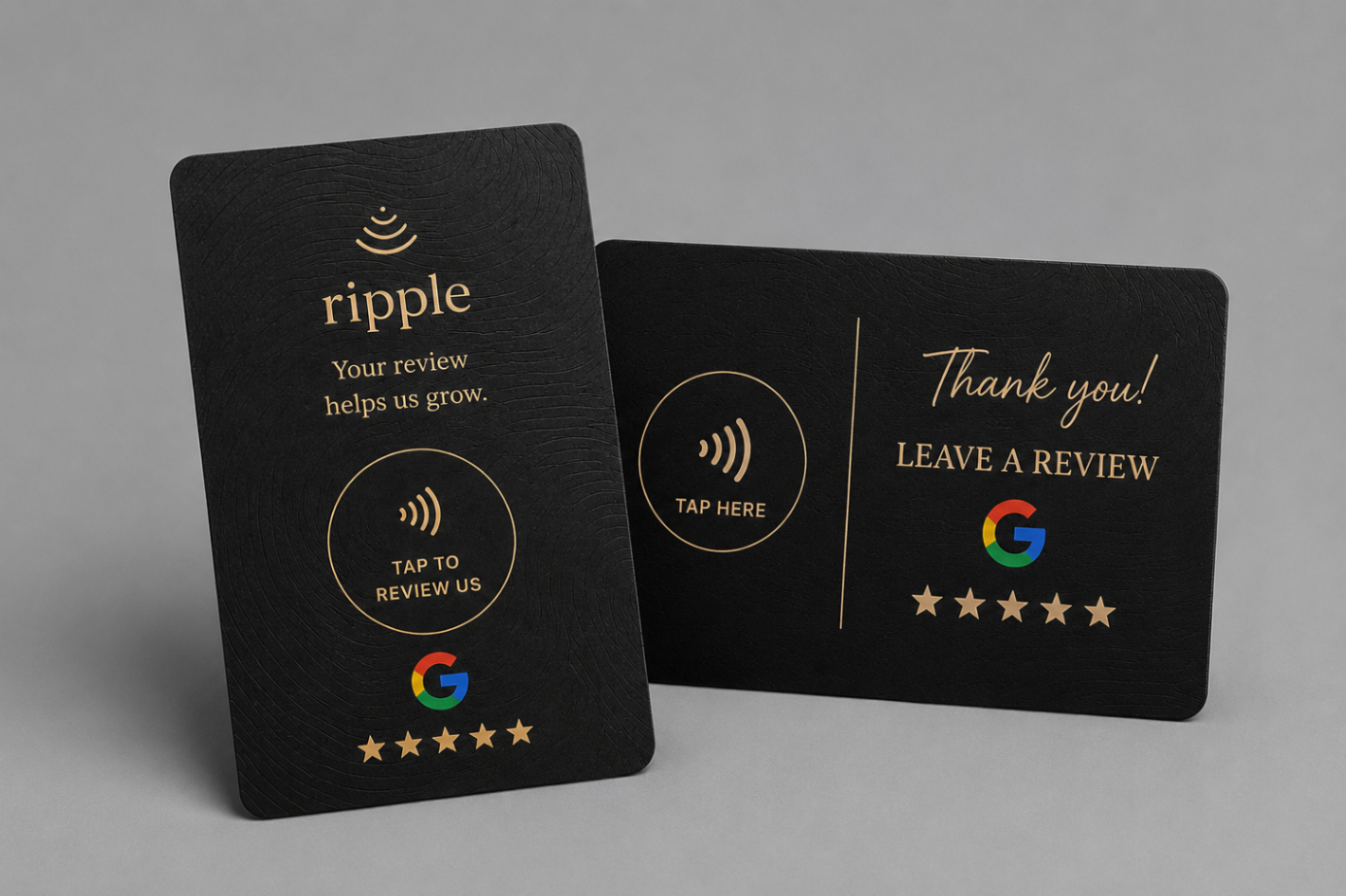 Two black Ripple review cards showing tap to review and thank you designs