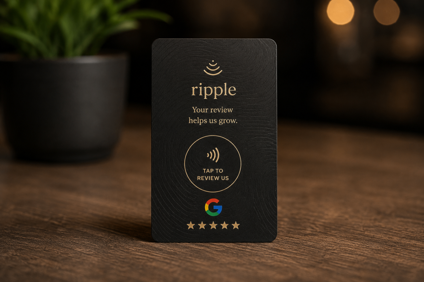 Ripple review card standing on a wood table