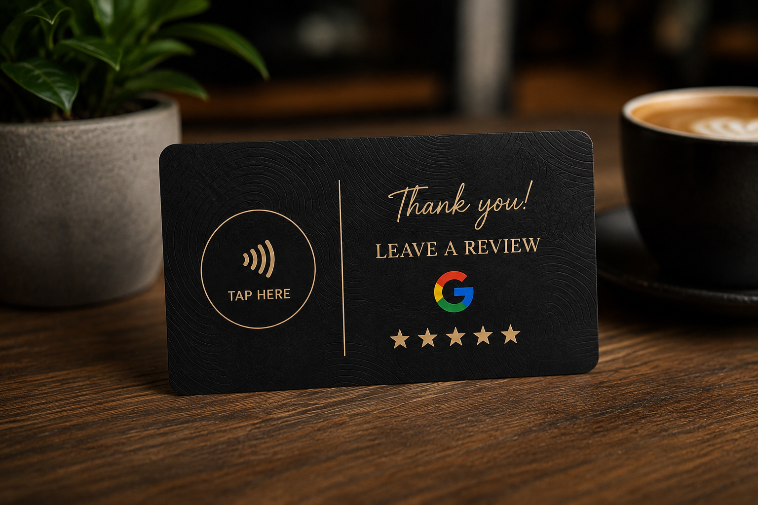 Black Ripple review card on wood table beside coffee and plant
