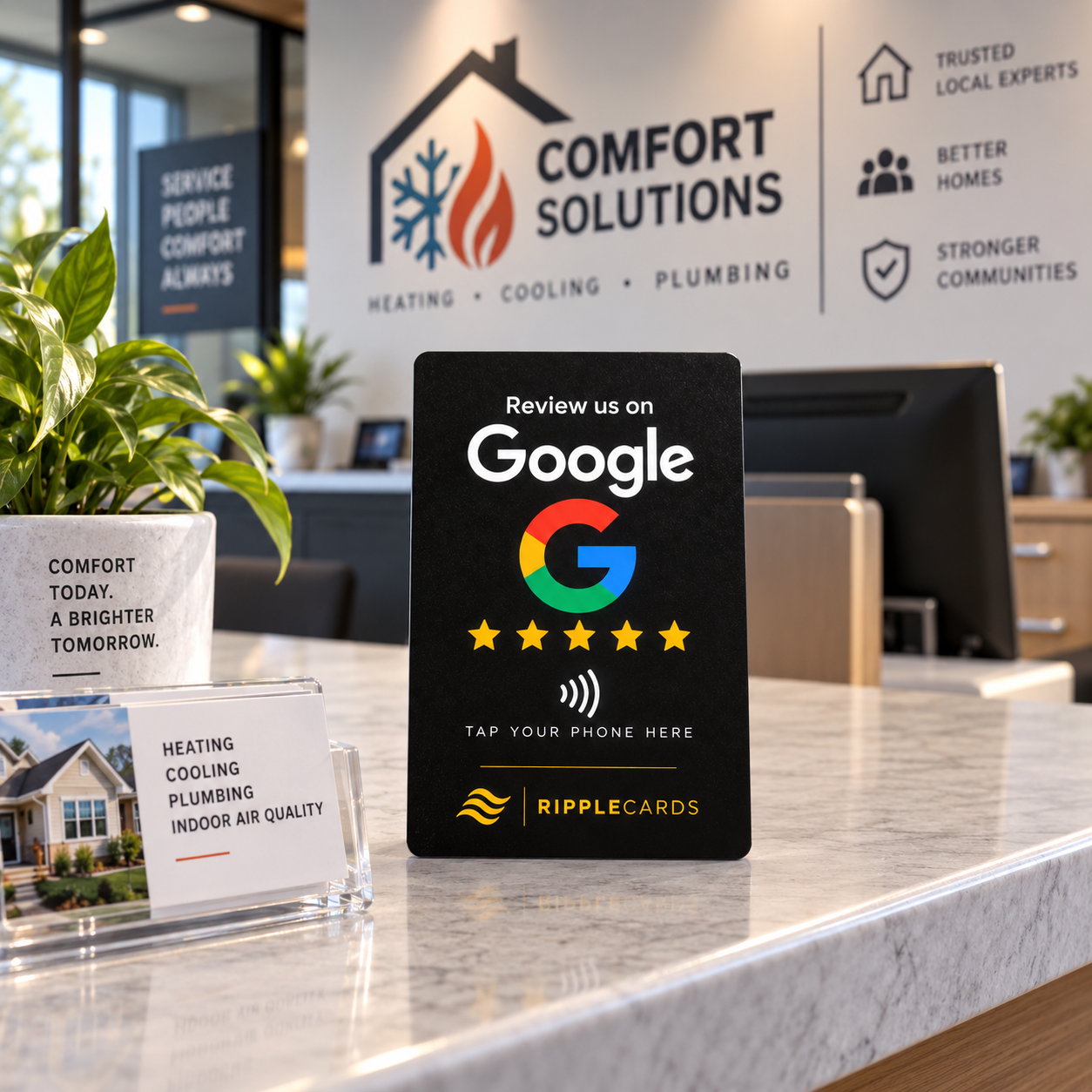 RippleCards review card standing on a business reception counter