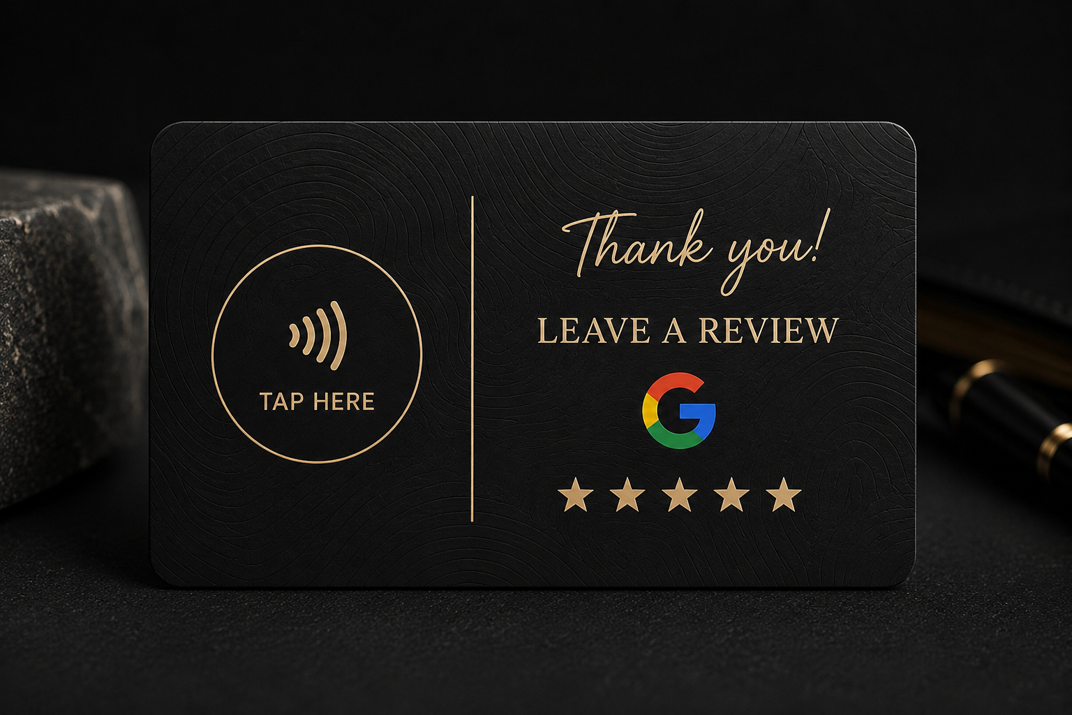 Black Ripple review card with gold foil tap-to-review detail on dark surface