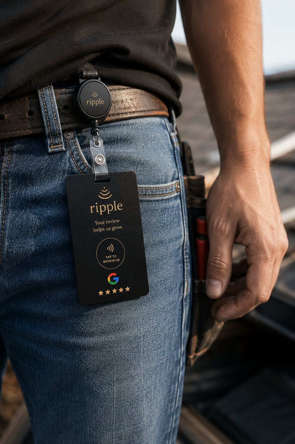 Ripple review card clipped to a tradesperson's belt